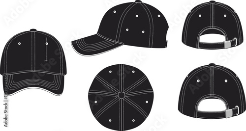 Baseball cap vector template set with front side back and top views isolated on white background for apparel design mockup