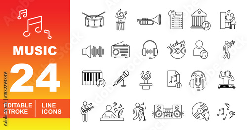 Music and Performance Line Icons. Editable stroke icons for entertainment & theater. Featuring singer, DJ, conductor, opera house, musical notes, radio, and professional audio equipment.