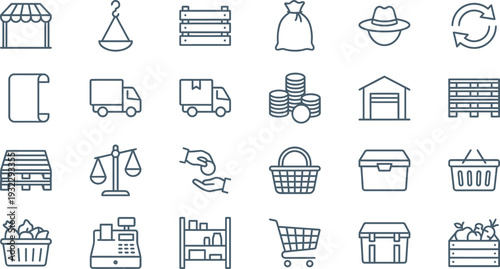 Minimalist line icons representing various commerce, retail, and logistics supply chain concepts.