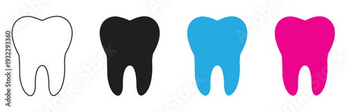 A set of four stylized vector tooth icons with diverse designs including outline and filled variations, perfect for dental care and oral hygiene concepts.