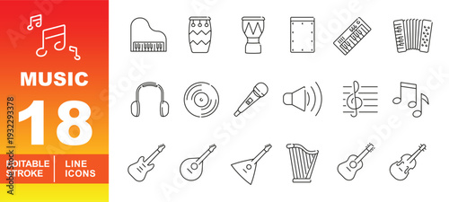 Music and Instrument Line Icons. Editable stroke icons for orchestra & world music. Featuring accordion, bongo drums, grand piano, electric keyboard, harp, balalaika, and microphone symbols.
