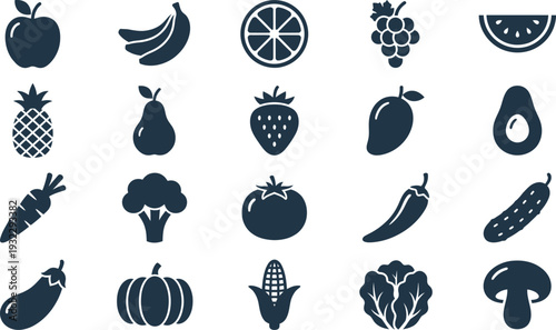 Collection of twenty dark silhouette icons representing various fresh fruits and vegetables clearly displayed