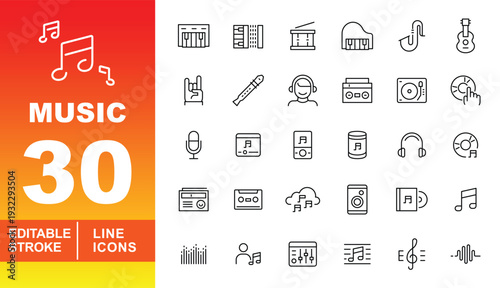 Music and Audio Line Icon Set. Editable stroke icons for radio & podcast. Featuring grand piano, flute, cassette tape, turntable, rock hand gesture, jukebox, and sound equalizer symbols for UI.