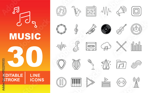 Music and Instrument Line Icon Set. Editable stroke icons for orchestra & audio apps. Featuring saxophone, trumpet, harp, violin, metronome, guitar pick, and classical music symbols for UI.