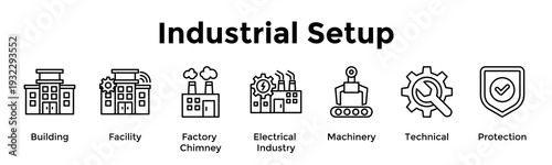 Industrial Setup Banner Web Icon Vector Illustration Concept For Building, Facility, Factory Chimney, Electrical Industry, Machinery, Technical, Protection