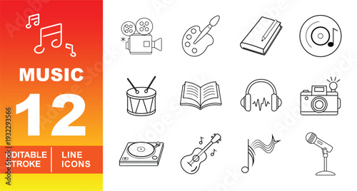 Music and Creative Arts Icon Set. Editable stroke icons for entertainment & media. Featuring guitar, drums, camera, movie projector, art palette, book, and microphone on stand symbols.