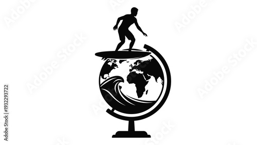 Surfer on a globe with a wave isolated on white background, Vector