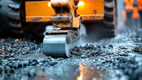 Heavy machinery compacting asphalt on a construction site