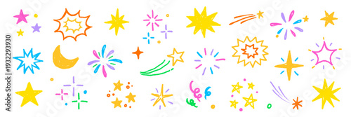 Star sticker crayon texture icon set. Star icon kid sketch hand drawn line marker crayon brush color texture..Cute cartoon funny childish magic twinkle glow pastel decoration. Vector illustration.