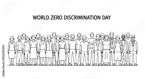 A diverse group of people standing united on World Zero Discrimination Day in a minimalist line drawing style with a clean white background