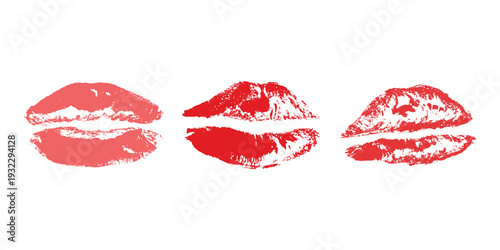 Set of lipstick kiss print Different shapes and colors imprint of lips Red pink female sexy lips makeup Design elements for beauty fashion poster Valentines Day wedding