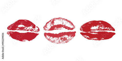 Set of lipstick kiss print Different shapes and colors imprint of lips Red pink female sexy lips makeup Design elements for beauty fashion poster Valentines Day wedding