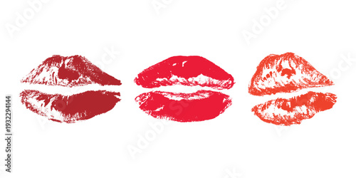 Set of lipstick kiss print Different shapes and colors imprint of lips Red pink female sexy lips makeup Design elements for beauty fashion poster Valentines Day wedding