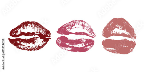 Set of lipstick kiss print Different shapes and colors imprint of lips Red pink female sexy lips makeup Design elements for beauty fashion poster Valentines Day wedding