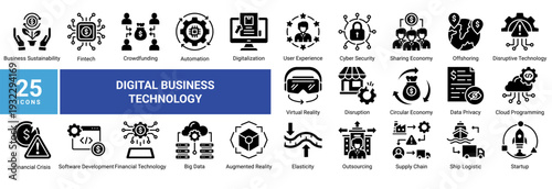 Digital Business Technology icon set featuring fintech,automation,cloud computing,big data,cybersecurity,digital transformation,and disruptive technologies shaping modern business systems.