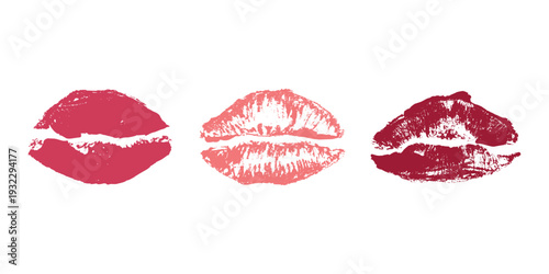 Set of lipstick kiss print Different shapes and colors imprint of lips Red pink female sexy lips makeup Design elements for beauty fashion poster Valentines Day wedding