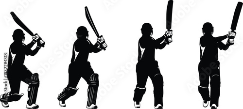 Cricket player batting action silhouettes set with different swing poses, sports athlete hitting ball vector illustration isolated on white background