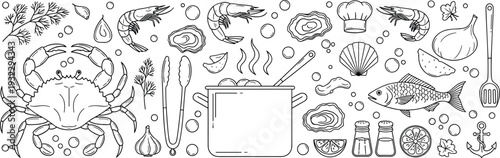 Seafood Cooking Vector Illustration Featuring Black Outline Icons of Crab Shrimp Fish Boiling Pot Shellfish Herbs and Kitchen Utensils Set.
