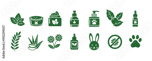 A collection of green silhouette icons centered around natural skincare and cruelty-free cosmetics.
