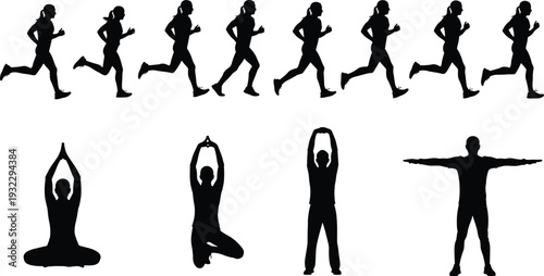 Running and yoga exercise silhouettes set featuring jogging sequence and stretching poses, fitness training and healthy lifestyle vector illustration collection