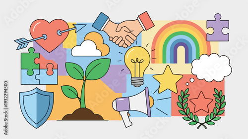 Colorful vector illustration showing various symbols like a heart, hands, & rainbow