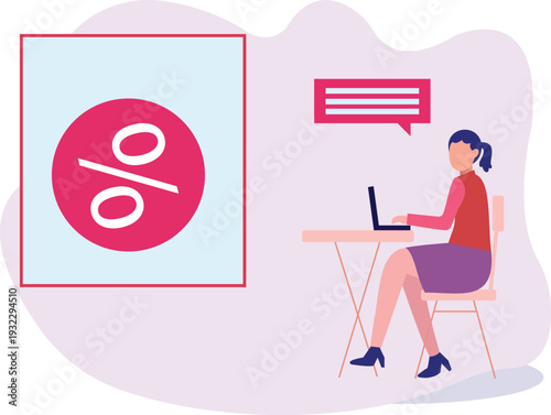 The girl is working laptop on discount.