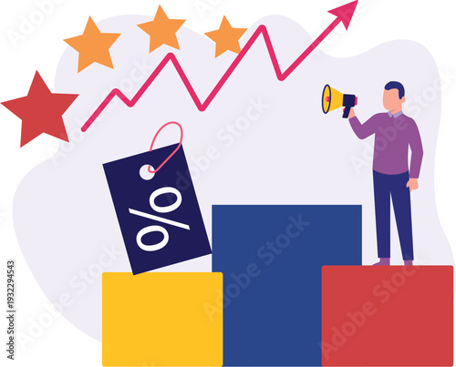 The boy is announcing star rating discount.