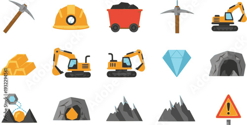 Modern flat design icon set for mining, illustrating industry essentials tools, heavy equipment, safety gear, and precious minerals like gold and diamonds