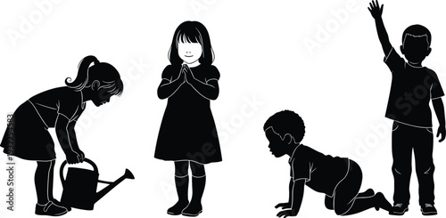 Black silhouette of diverse young children group including girl watering plants, praying girl, crawling toddler boy, and boy waving hand isolated on white
