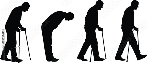 Black silhouette sequence of elderly senior man walking with cane, showing bent posture progression from stooped to upright steps isolated on white