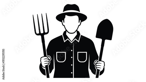 A farmer is holding a pitchfork and shovel isolated on white background, Vector