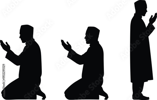 Black Silhouettes of Muslim Man Praying and Supplicating in Standing and Kneeling Positions Isolated on White Background for Islamic Religious Concept