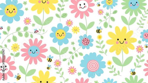 Cute Floral Pattern with Cartoon Flowers and Bees, Vibrant Spring and Summer Design