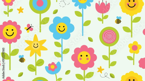 Cute smiling flowers and happy bees seamless pattern illustration for kids