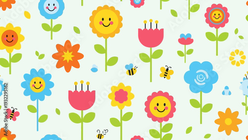 Seamless pattern of cute smiling cartoon flowers and bees, perfect for children's designs and decorations
