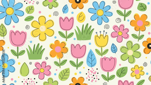 Charming and playful floral seamless pattern with pastel flowers and green leaves, perfect for spring and summer designs