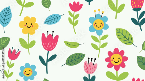Charming Pattern of Cheerful Cartoon Flowers and Leaves on a Light Background