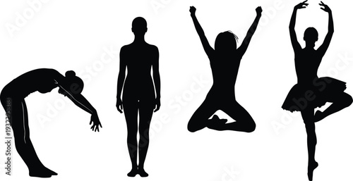 Set of black female silhouettes featuring ballet dancer in tutu jumping gymnast and fitness woman stretching isolated on white background for artistic design