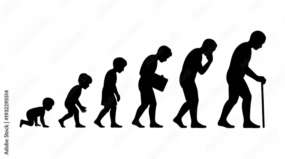Fototapeta premium A Set of Seven Black Silhouette Icons Illustrating the Human Life Stages from Baby to Elderly Person
