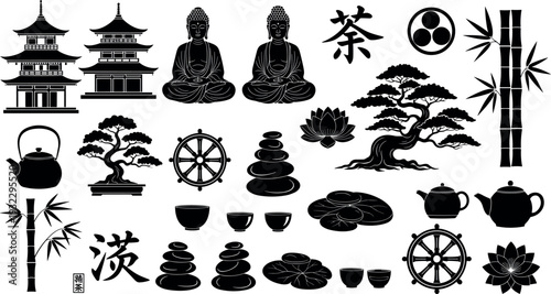 Black silhouette set of Buddha statues, Japanese pagodas, bonsai trees, bamboo,