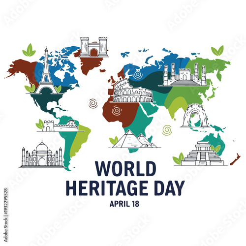 Colorful world map with historic landmarks and text celebrating heritage