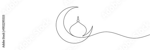 Continuous one line drawing of crescent moon and mosque dome, symbolizing Islamic culture. Editable stroke outline. Draw thin linear width. Single contour art. Doodle hand drawn vector illustration