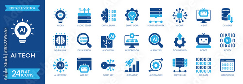 AI tech and machine learning flat icon set. Containing future technology, artificial intelligence, innovation, smart city, robotics, network, automation and more. Solid vector icons collection