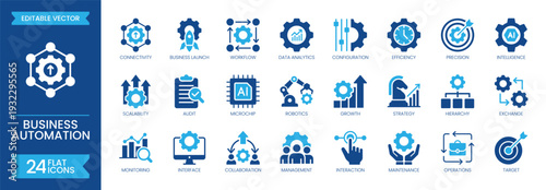 Business automation flat icon set. Containing process, growth, operation, optimization, solution, robotic integration, intelligence, technology, development and more. Solid vector icons collection
