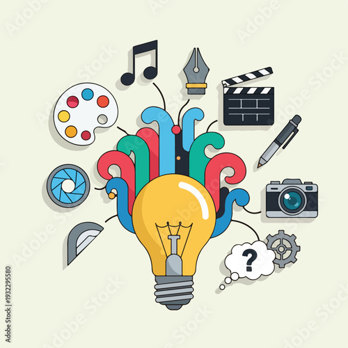 Conceptual graphic with a lightbulb surrounded by design elements