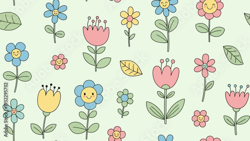 Cute whimsical hand-drawn floral pattern with smiling flowers and leaves on a pastel background