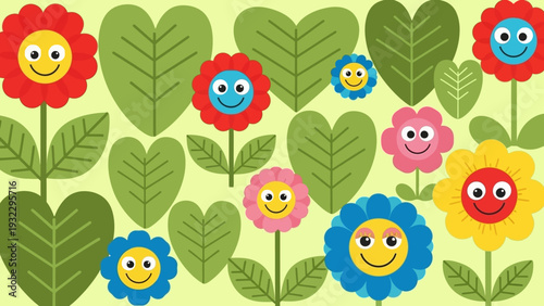 Cute happy cartoon flowers and leaves on a pastel green background, whimsical garden illustration