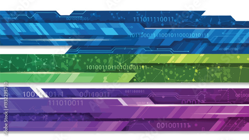 Digital abstract composition with binary code and colorful horizontal bars