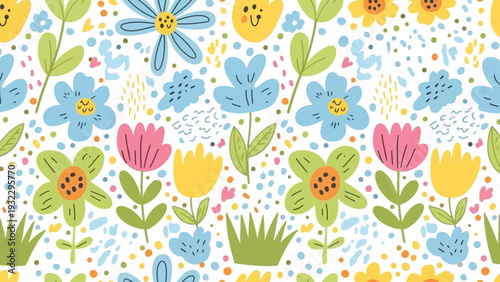 Seamless floral pattern with colorful cartoon flowers and dots on a white background