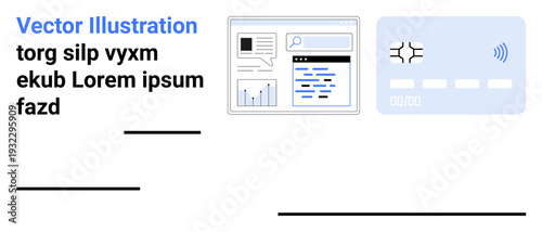 Technology, data visualization, online services, fintech, payment methods, cybersecurity. A dashboard screen and a contactless credit card design. Data visualization and fintech concept